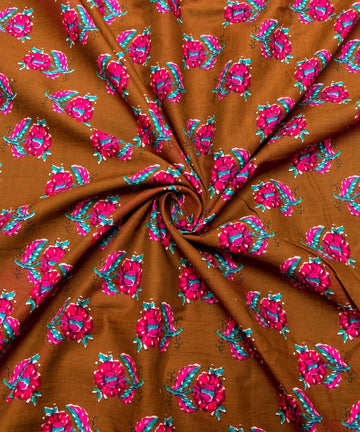 Khaki Brown Floral Printed Cotton Fabric